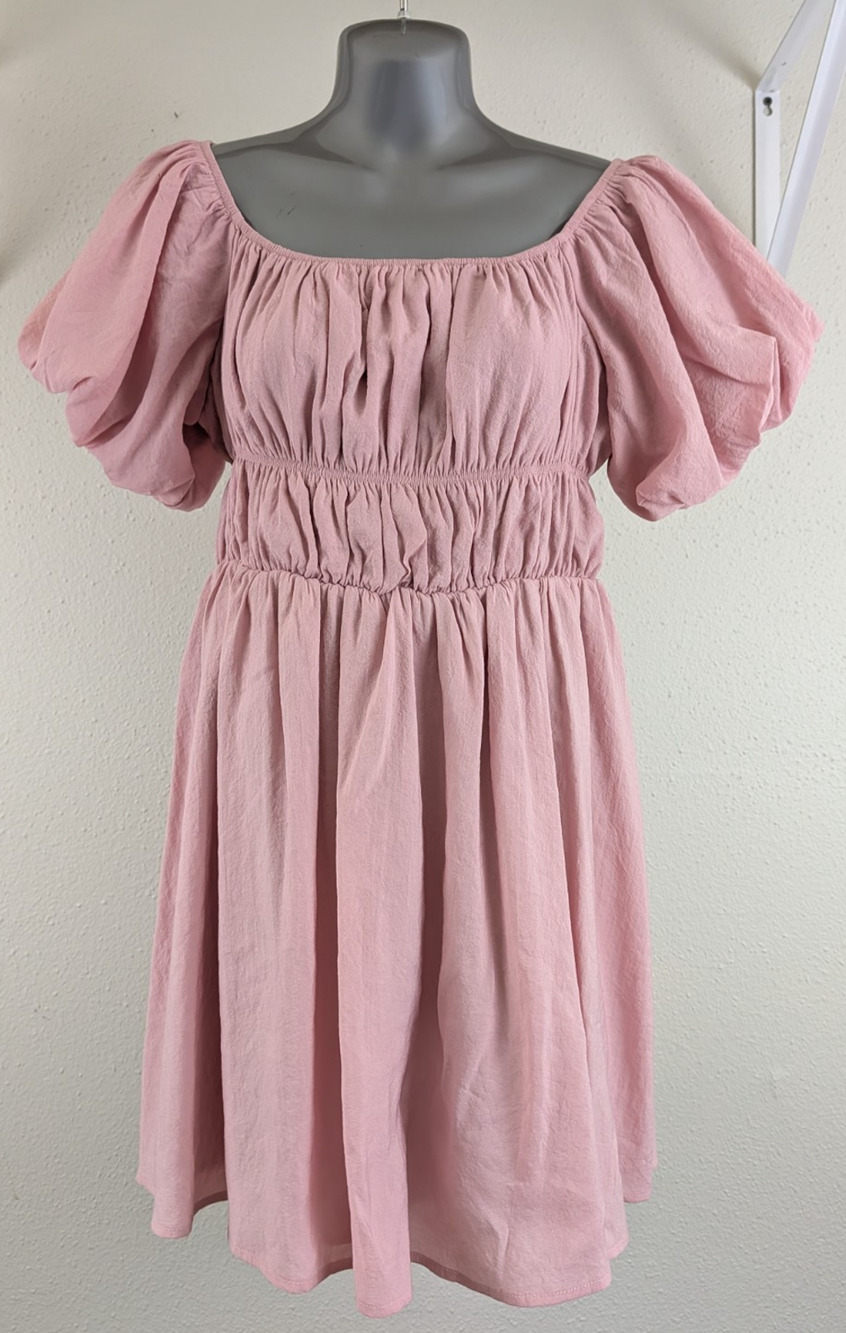 New Lillusory sz M Mini Dress smocked pink short puff sleeves boho 4268